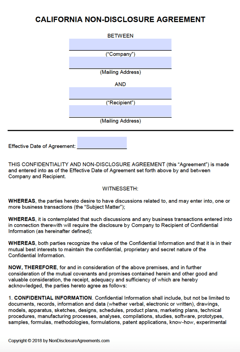 Free California NonDisclosure Agreement (NDA) Template PDF Word