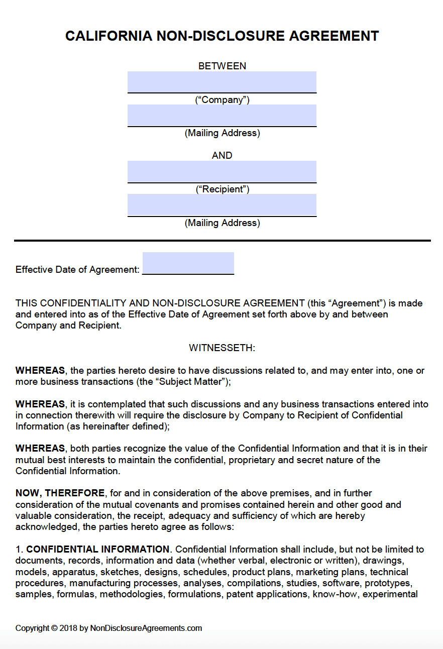 Free California Non-Disclosure Agreement (NDA) Template | PDF | Word