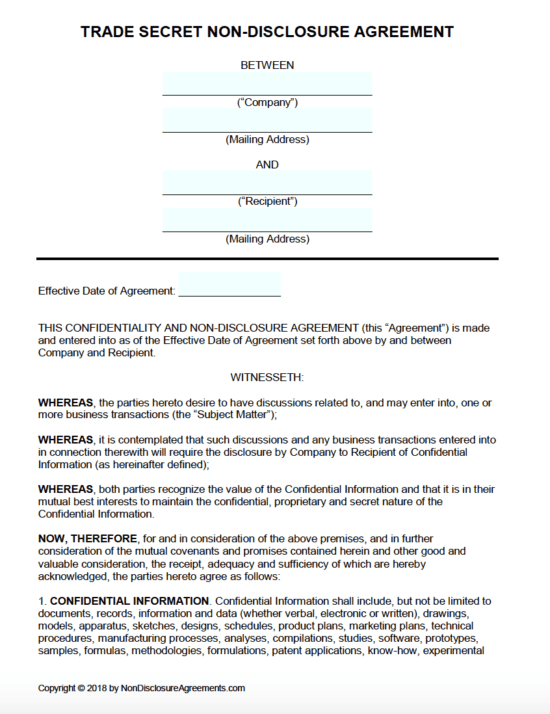 Free Trade Secret Non-Disclosure Agreement (NDA) Template | PDF | Word