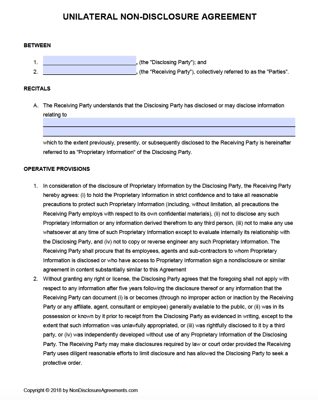 Free Unilateral Non-Disclosure Agreement (NDA) Template  PDF  Word Regarding unilateral non disclosure agreement template