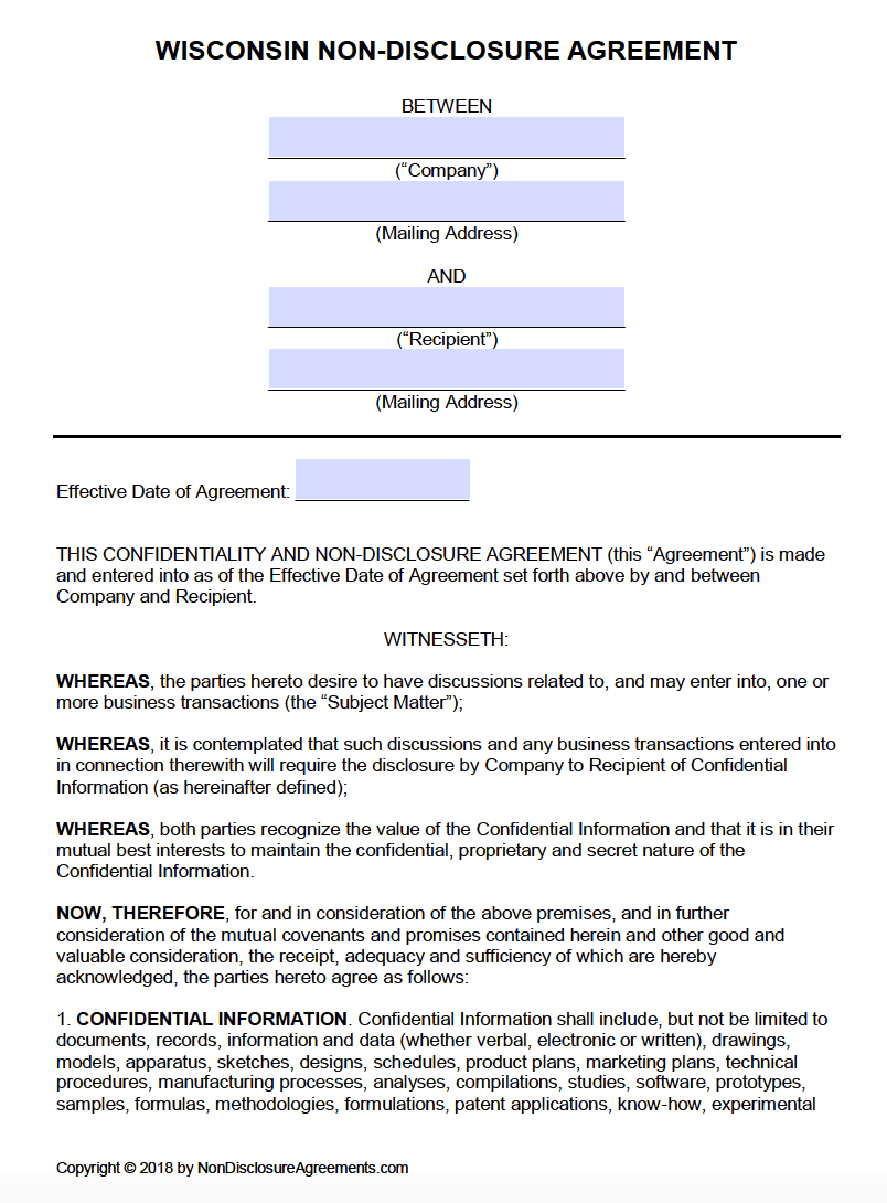 Free Wisconsin Non Disclosure Agreement NDA Template PDF Word